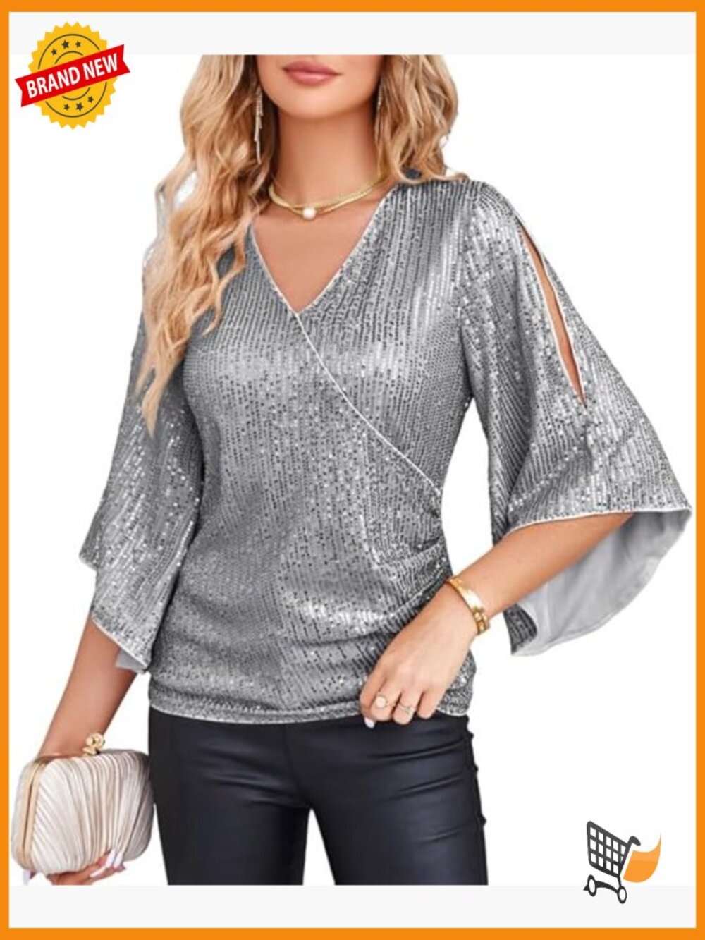 Sparkly Sequin 3/4 Sleeve V-Neck Blouse - Glitter Party Top